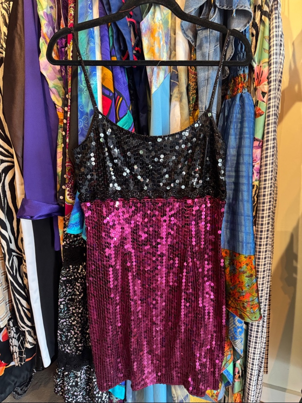 Vintage Sequined & Beaded Two-Tone Dress in Black and Fuchsia